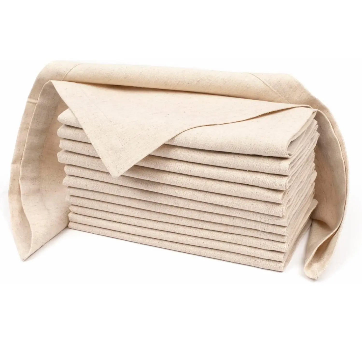 Stack of 12 natural cotton linen table napkins in cream color, displayed in a rolled bundle with fabric bag container.