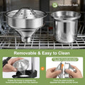 Stainless steel manual juicer with removable funnel and cup, dishwasher safe, shown with assembly and cleaning instructions f