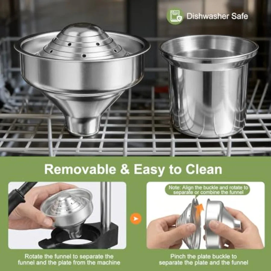 Stainless steel manual juicer with removable funnel and cup, dishwasher safe, shown with assembly and cleaning instructions f
