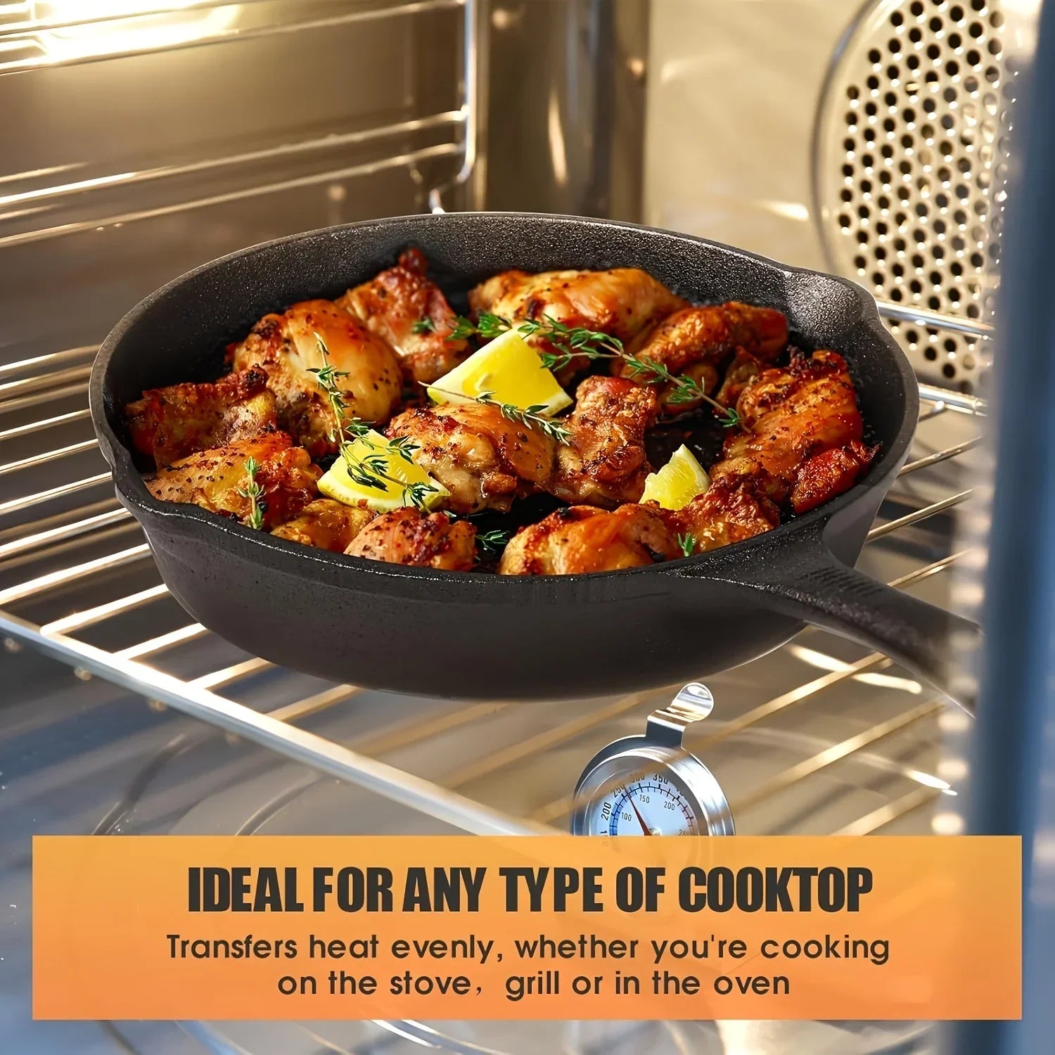 Cast iron skillet with roasted chicken and herbs in oven, demonstrating even heat distribution and oven-safe versatility for 