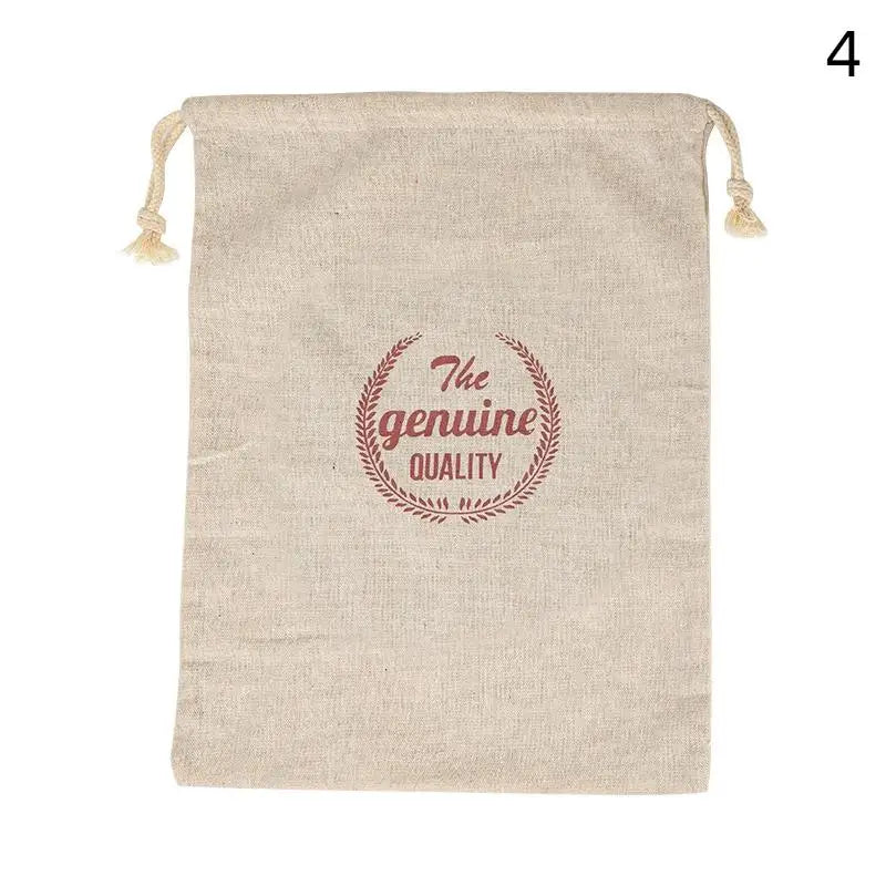 Beige linen drawstring bag with "The genuine QUALITY" emblem, handmade reusable bread storage pouch for eco-friendly kitchen 