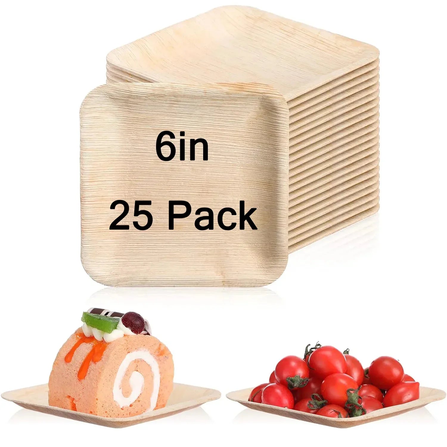 6-inch palm leaf plates, 25-pack, natural biodegradable dinnerware with food examples displayed