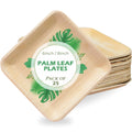 Stack of square palm leaf plates with green leaf design, labeled 6inch/8inch, pack of 25, biodegradable dinnerware.
