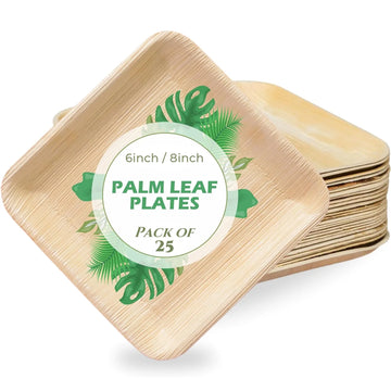Stack of square palm leaf plates with green leaf design, labeled 6inch/8inch, pack of 25, biodegradable dinnerware.
