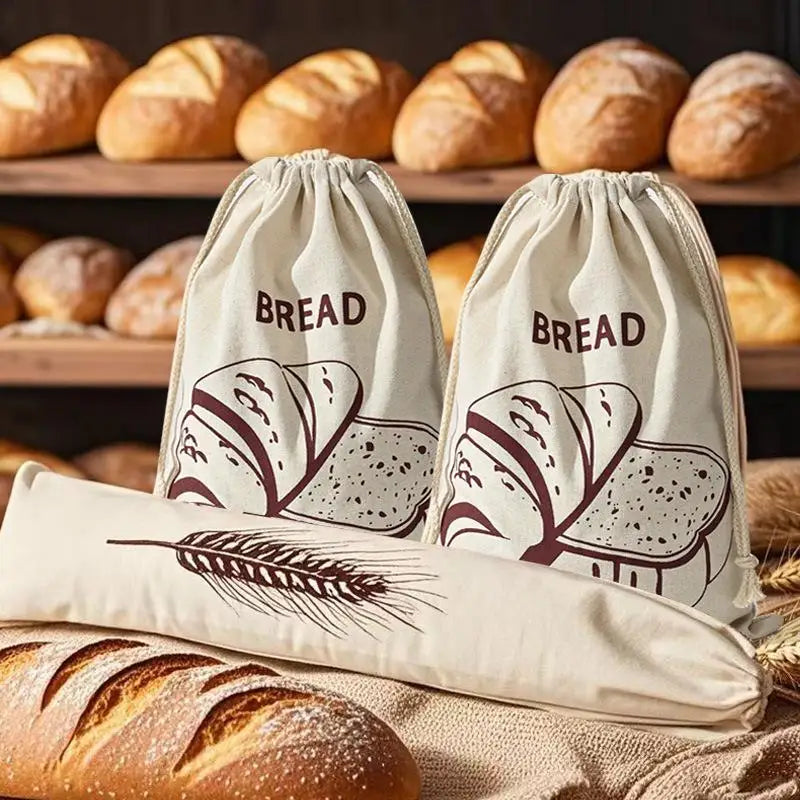 Two cream linen bread bags with hand-drawn bread illustrations, displayed with fresh loaves and wheat stalks in a bakery sett
