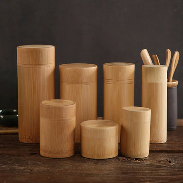 Pure Bamboo Carved Tea Storage Box — Handmade Organizer Canister
