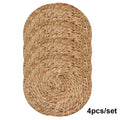 Handwoven rattan pot mat with natural tan weave pattern, heat-resistant round placemat, set of 4 pieces