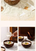 Coconut wood dessert bowls with creamy soup, wooden spoons, natural coconut shell material, eco-friendly artisan serving set 