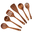 Six wooden kitchen utensils arranged in a fan display: slotted spatula, solid spatula, ladle, spoon, fork, and skimmer spoon 