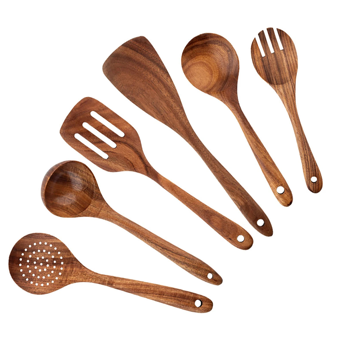 Six wooden kitchen utensils arranged in a fan display: slotted spatula, solid spatula, ladle, spoon, fork, and skimmer spoon 