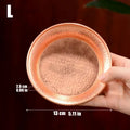 Handcrafted pure copper serving plate with hammered texture, 13cm diameter, shown in natural light with size measurements dis