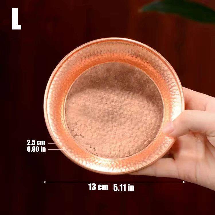 Handcrafted pure copper serving plate with hammered texture, 13cm diameter, shown in natural light with size measurements dis