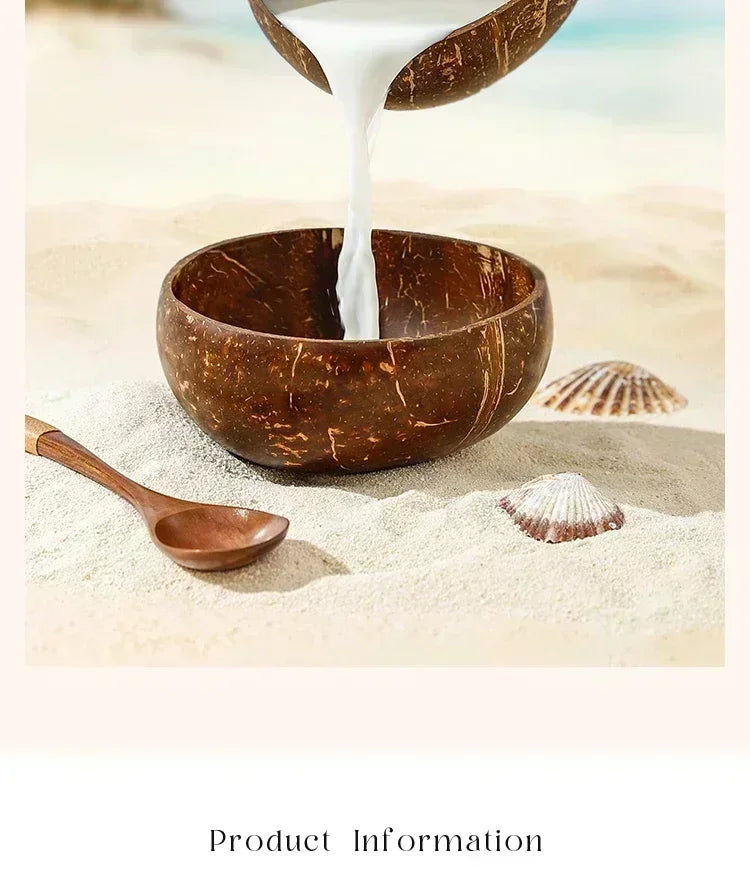 Coconut wood dessert bowl set with wooden spoon on sandy beach, white liquid pouring, shells nearby, artisan handcrafted desi