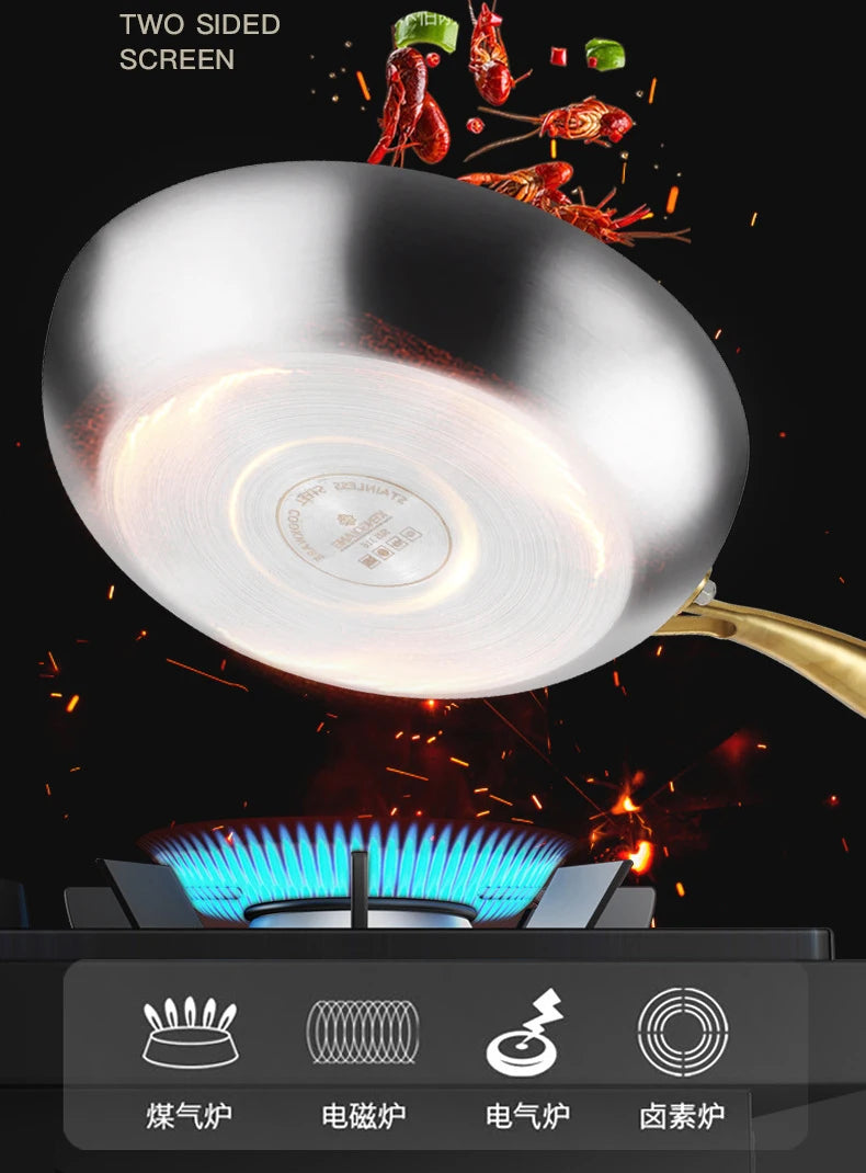 Stainless steel wok pan with golden handle, two-sided screen, non-stick surface, compatible with gas, induction, electric, an