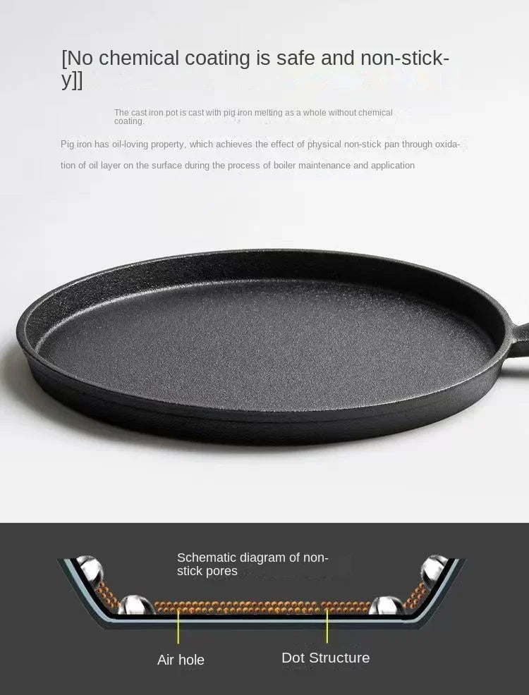 Cast iron egg skillet with natural seasoned surface, showing air holes and dot structure design for non-stick properties with