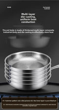 Multi-layer stainless steel fry pan with titanium inner layer, showing 5-layer construction for uniform heat conduction and n