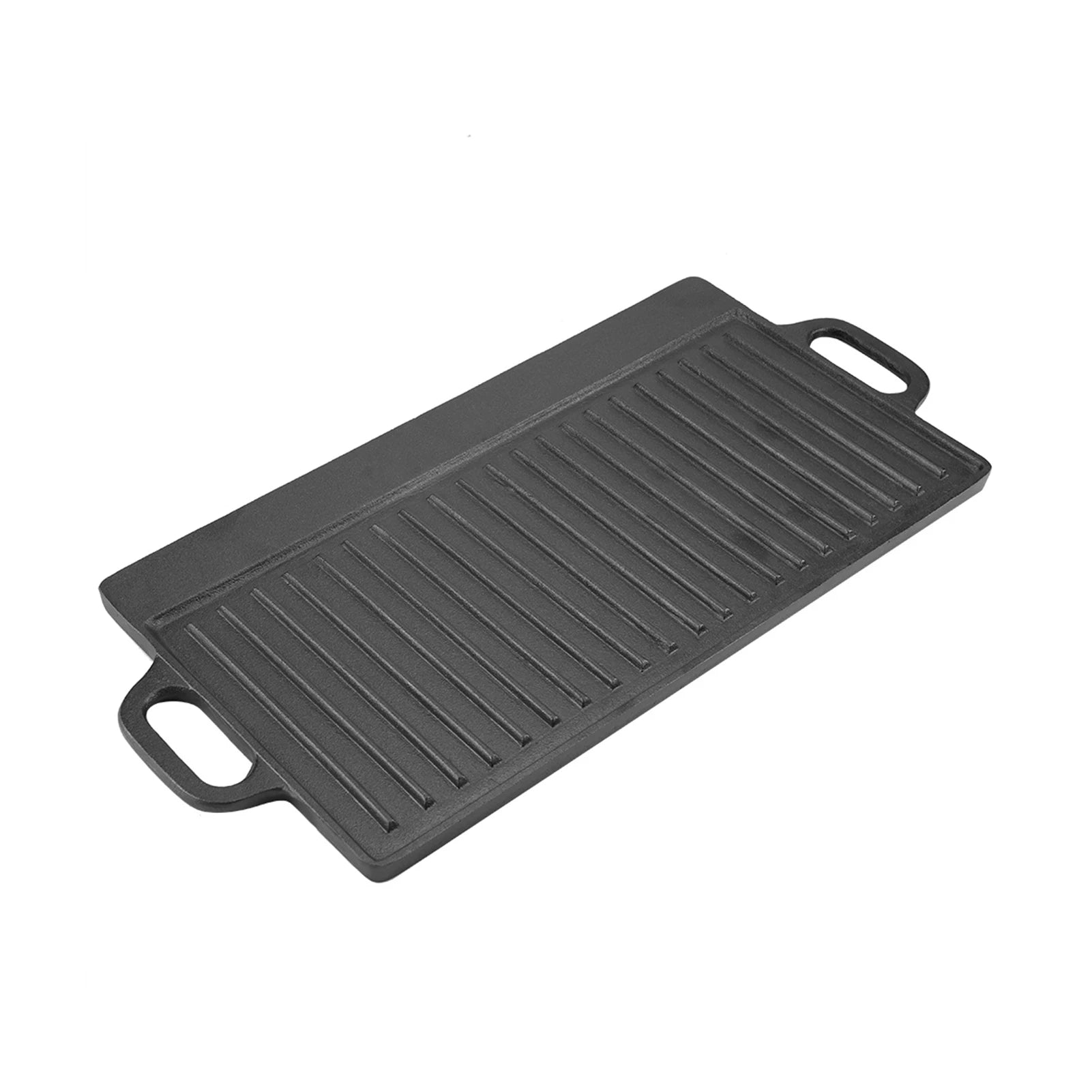 Cast iron dual-sided griddle with ridged grill surface and flat cooking area, featuring dual handles for outdoor and indoor c