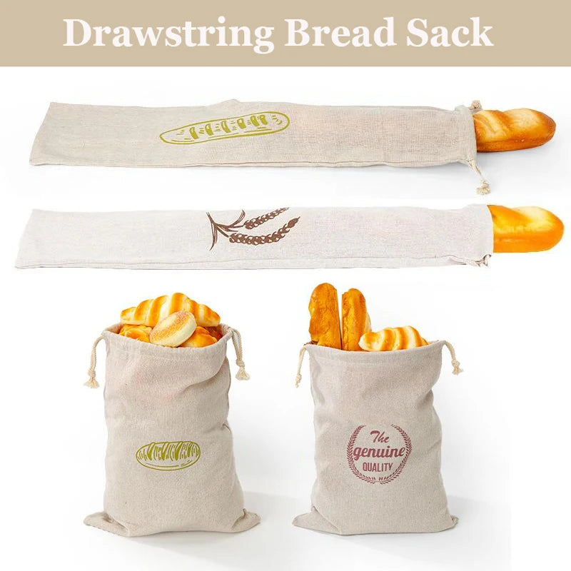 Three cream linen bread bags with brown bread illustrations, displayed with fresh baguette and croissant examples.