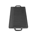 Cast iron dual-sided griddle with ridged grill surface and flat cooking area, featuring dual handles for outdoor and indoor c