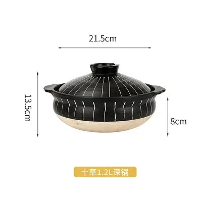 Black striped earthenware clay casserole pot with cream base, 1.2L capacity, 21.5cm width, ideal for slow-cooking soups and s