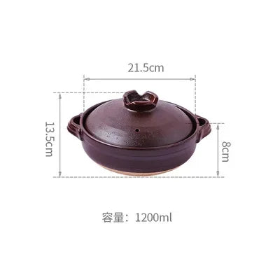 Purple earthenware casserole pot with lid, 1200ml capacity, 21.5cm width, 13.5cm height, dual handles for slow cooking.
