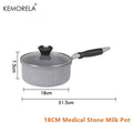 18cm Medical Stone Milk Pot with glass lid, black handle, gray granite coating, dimensions shown: 18cm diameter, 7.5cm height