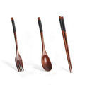 Wooden cutlery set with fork, spoon, and chopsticks featuring dark handles and natural wood finish, eco-friendly portable ute