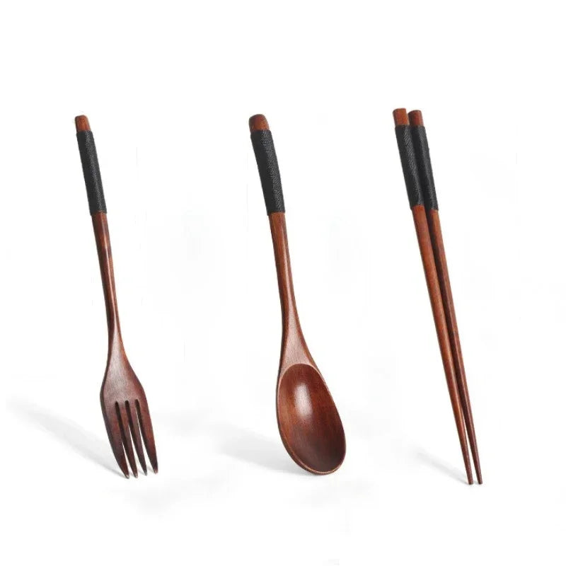 Wooden cutlery set with fork, spoon, and chopsticks featuring dark handles and natural wood finish, eco-friendly portable ute