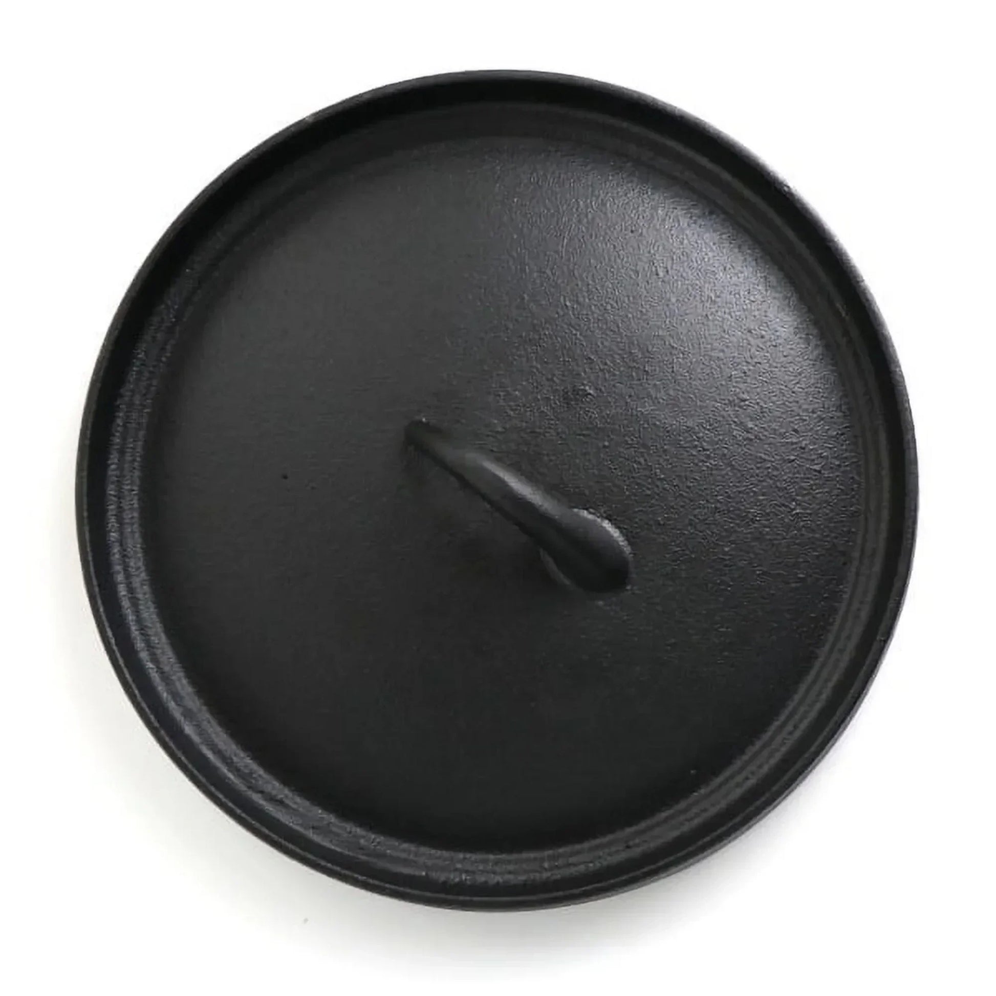 Black cast iron skillet lid with textured surface and heat-resistant handle knob, pre-seasoned non-stick cookware.