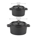 Cast iron Dutch oven pots with lids in two sizes (10cm and 20cm), featuring dual handles and stainless steel knobs.