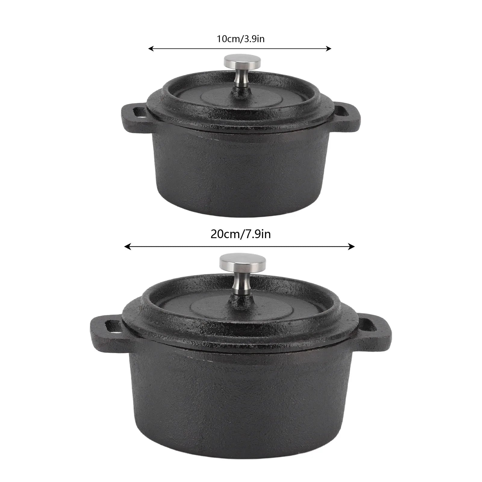 Cast iron Dutch oven pots with lids in two sizes (10cm and 20cm), featuring dual handles and stainless steel knobs.