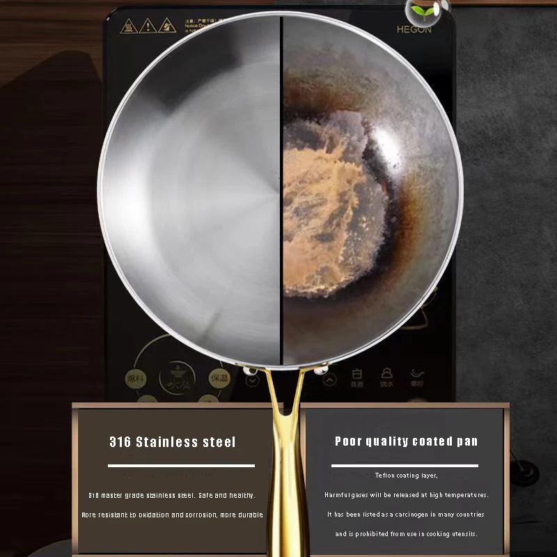 316 stainless steel wok pan with golden handle, showing comparison between quality coating and poor quality coating side-by-s
