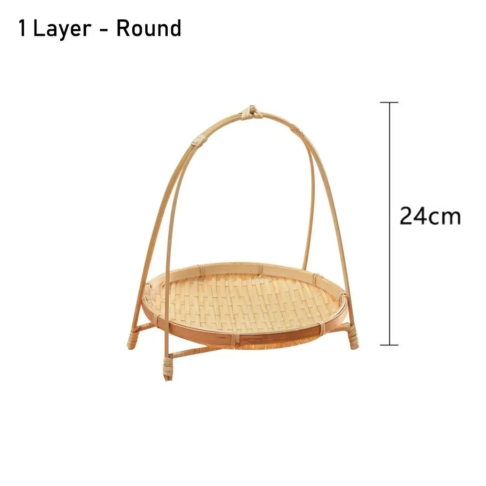 Round bamboo basket with single woven layer, natural finish, 24cm height, featuring arched handles and open top design.