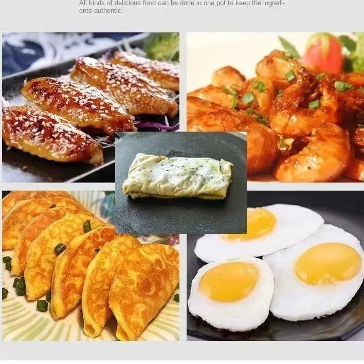 Cast iron skillet with five cooked breakfast dishes: French toast, shrimp curry, herb omelet, crispy tacos, and fried eggs on