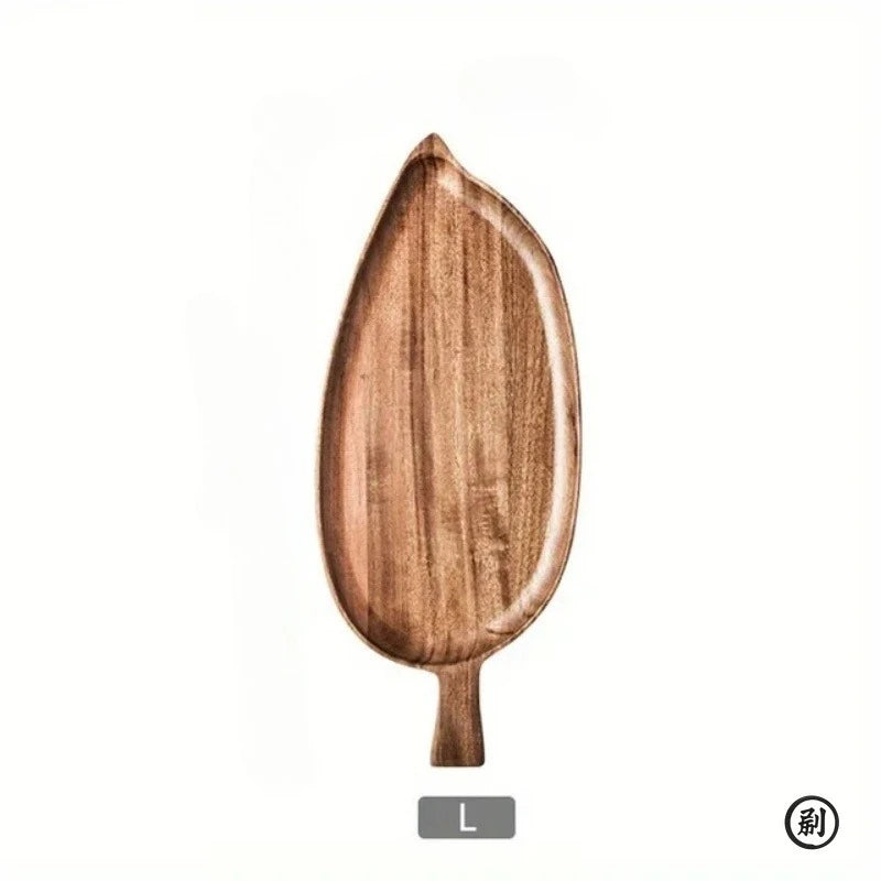 Palm leaf-shaped wooden dessert tray, natural handcrafted wood with smooth finish, size L indicated below.