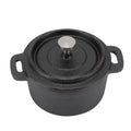 Black cast iron Dutch oven with lid and stainless steel knob, featuring dual handles for cooking and eco-friendly kitchen use