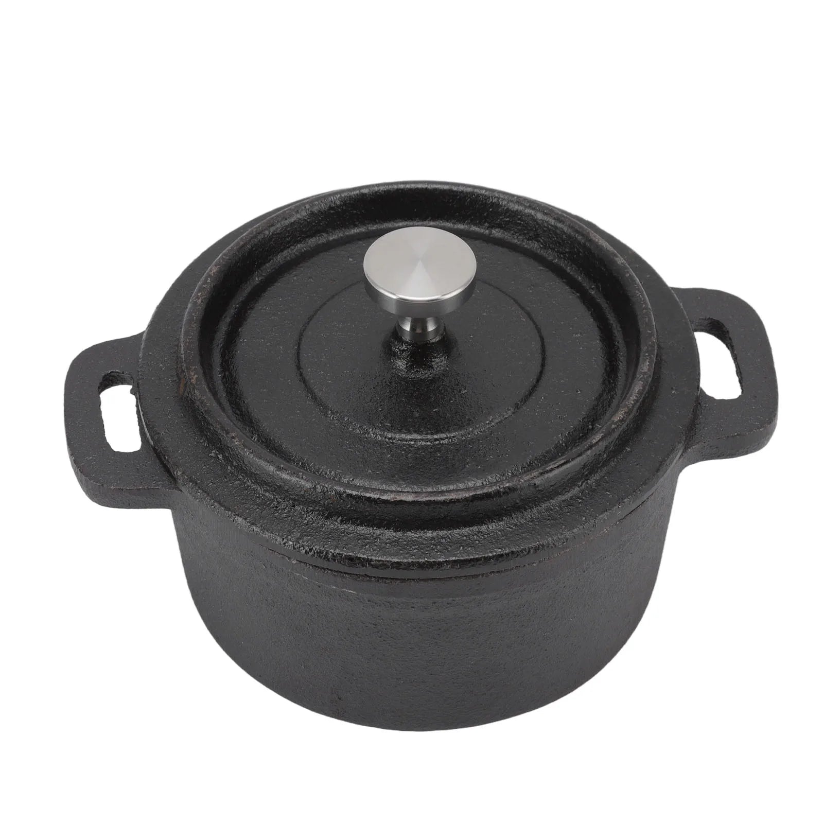Black cast iron Dutch oven with lid and stainless steel knob, featuring dual handles for cooking and eco-friendly kitchen use