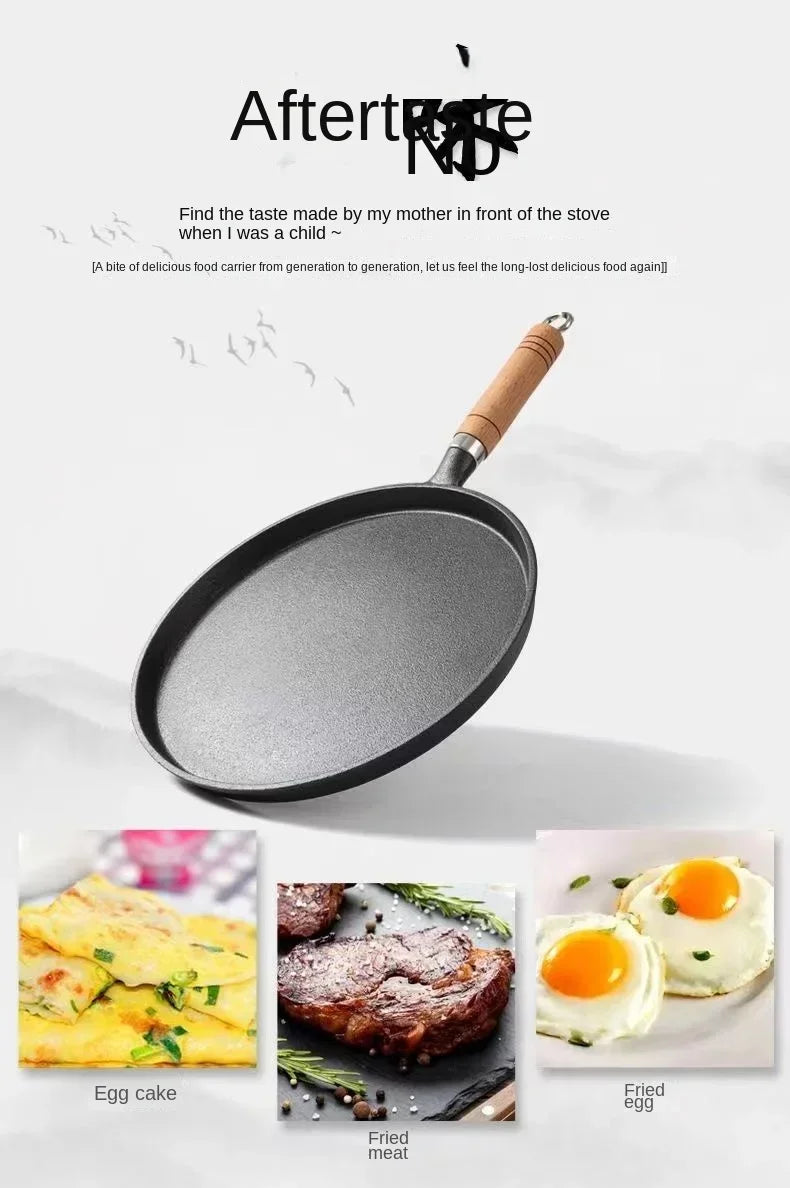 Classic cast iron skillet with wooden handle, featuring egg cake, fried meat, and fried egg cooking examples below.