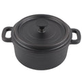Black cast iron Dutch oven pot with lid and dual handles, viewed from above on white background.