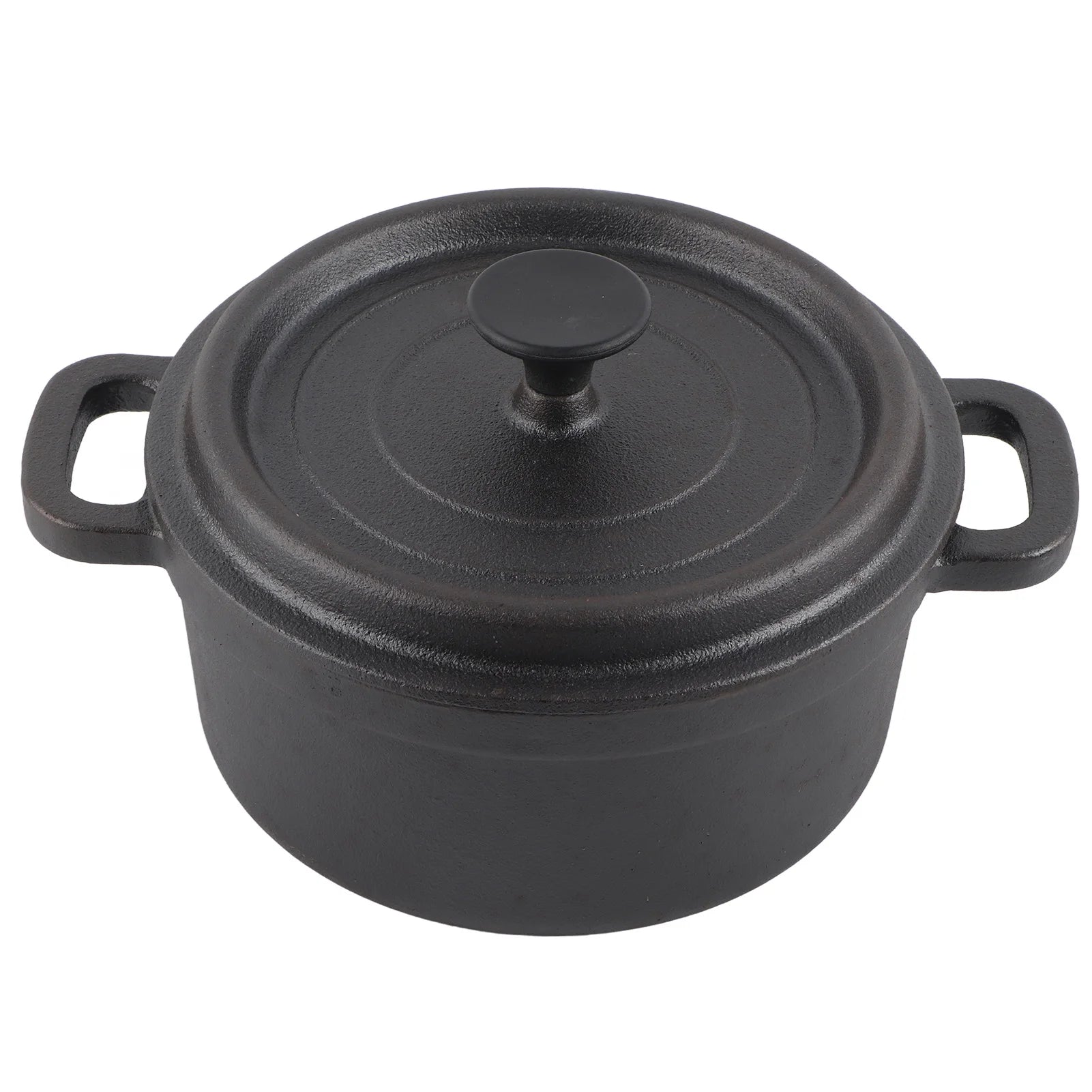 Black cast iron Dutch oven pot with lid and dual handles, viewed from above on white background.
