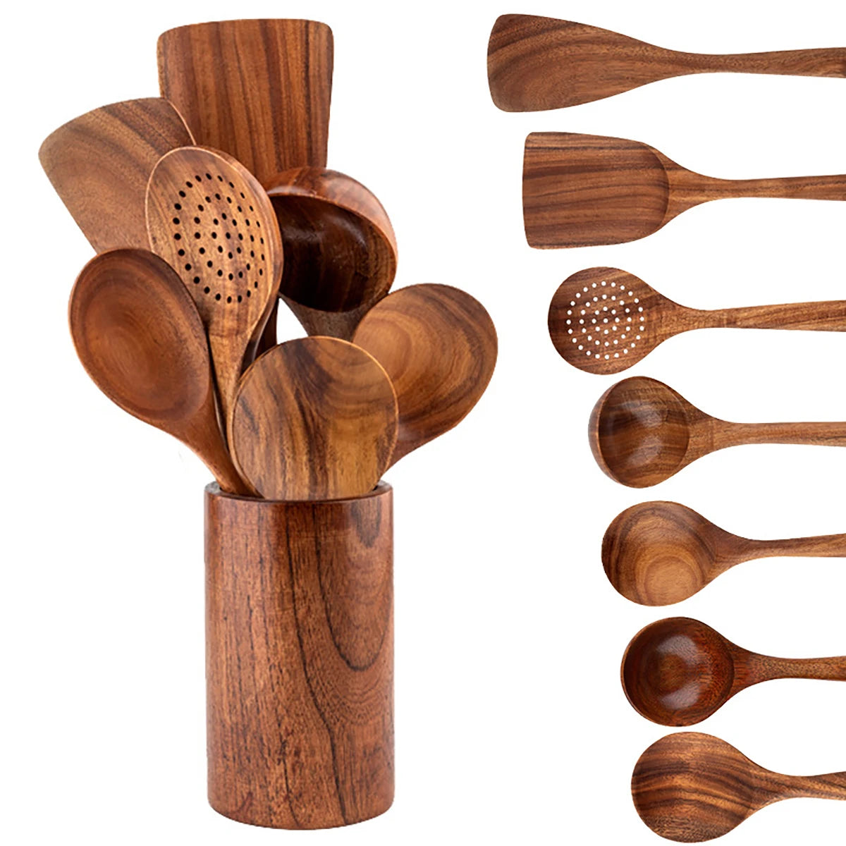 Wooden kitchen utensil set with spatulas, spoons, and forks displayed in a cylindrical holder, showing natural wood grain det