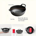 Cast iron double-handle ingot pot, 20cm, with product details and care instructions shown in multiple views.