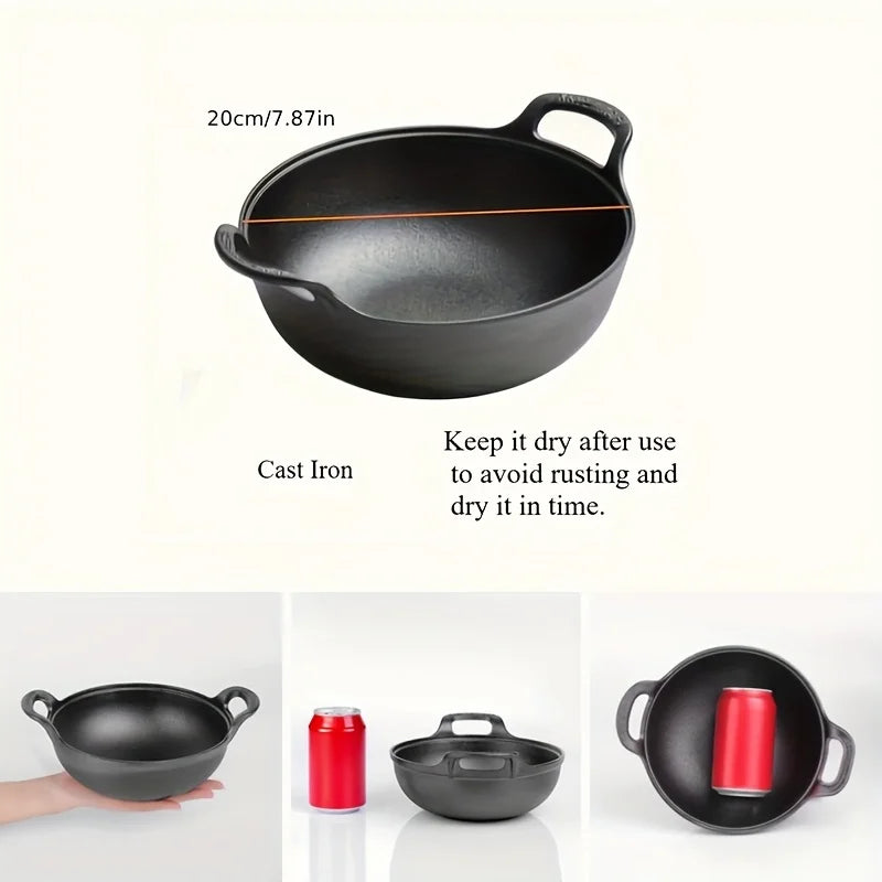 Cast iron double-handle ingot pot, 20cm, with product details and care instructions shown in multiple views.