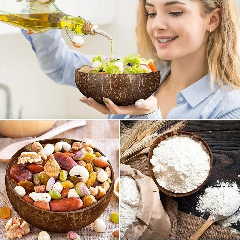 Coconut wood dessert bowls filled with salad, nuts, and flour with olive oil being drizzled overhead.