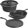 Five-piece pre-seasoned cast iron cookware set including Dutch oven, skillet, and griddle with handles, displayed on white ba