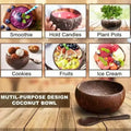 Natural wooden coconut bowl with spoon, shown with six use cases: smoothies, candles, plants, cookies, fruits, and ice cream.