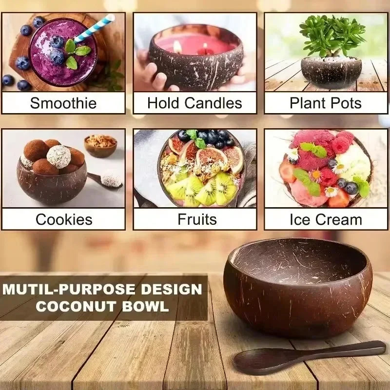 Natural wooden coconut bowl with spoon, shown with six use cases: smoothies, candles, plants, cookies, fruits, and ice cream.