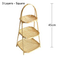 Three-tier square bamboo basket stand with handles, natural woven design, 45cm height, eco-friendly kitchen storage.