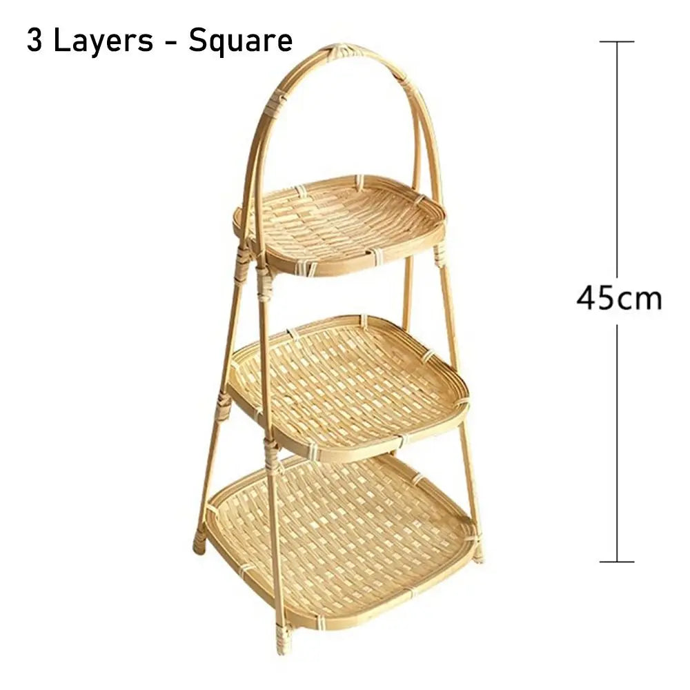 Three-tier square bamboo basket stand with handles, natural woven design, 45cm height, eco-friendly kitchen storage.