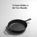 Black cast iron skillet with long handle and vice grip, pre-seasoned non-stick surface, oven-safe cookware for eco-friendly k